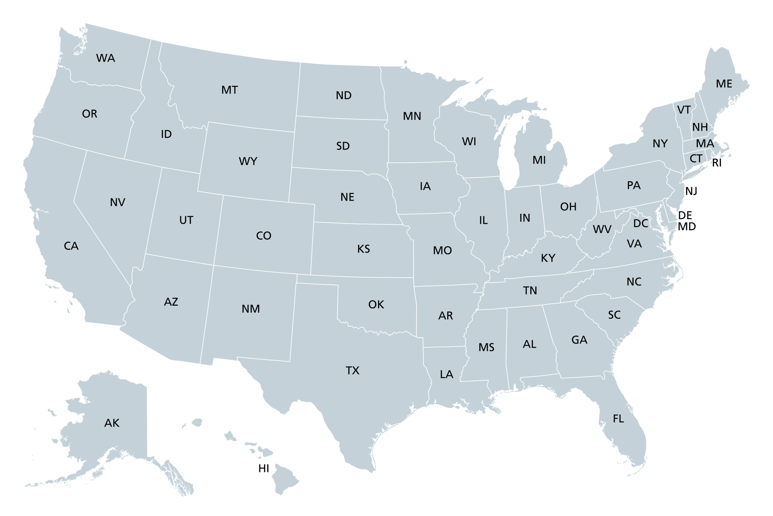 United States of America, gray political map. Fifty single states with their own geographic territories and borders, bound together in a union and federal government. Labeled with USPS abbreviations. Map
